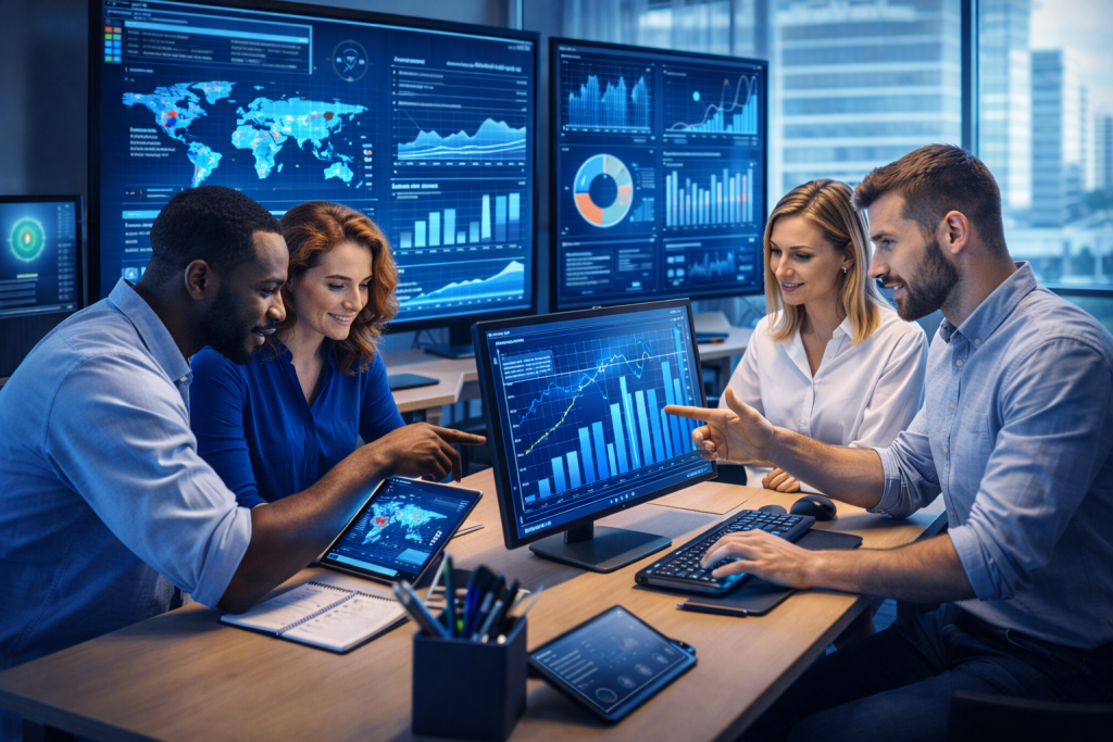 Business team using high-speed fiber internet