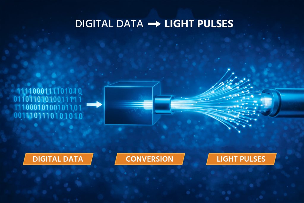 Digital data converted into light signals in fiber network