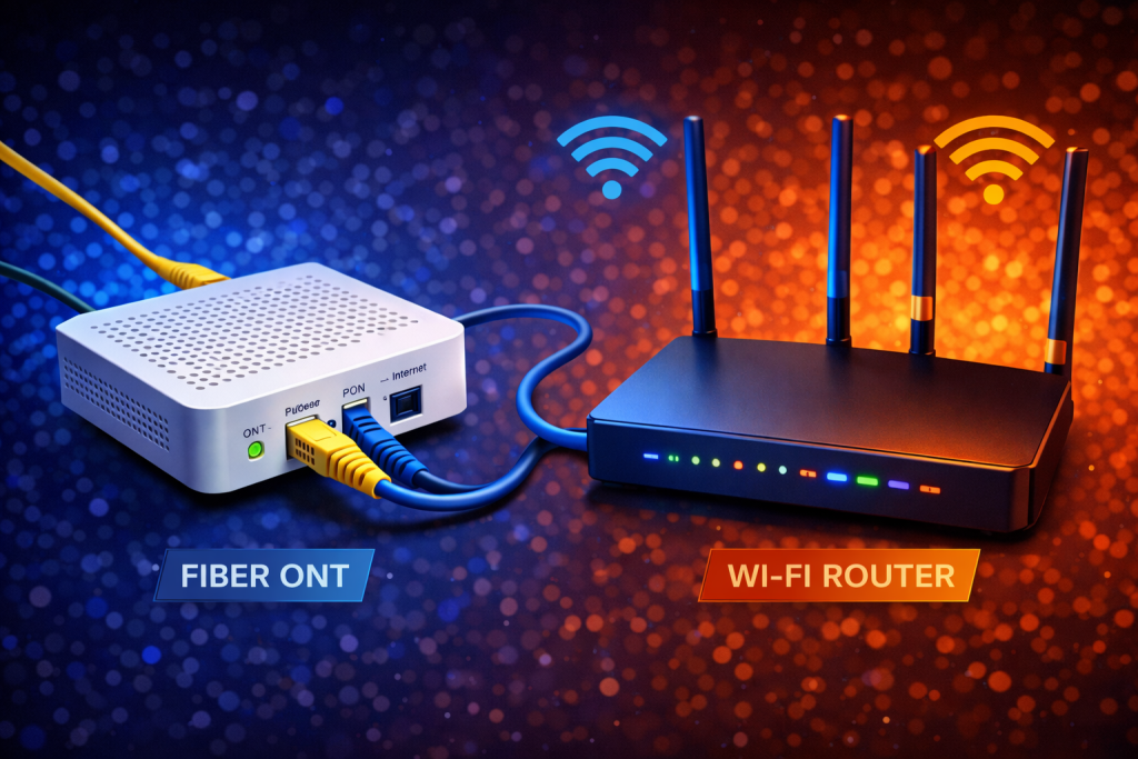 Fiber internet ONT connected to home router
