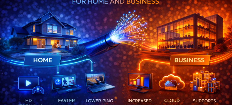 Benefits of fiber internet for home and business including fast streaming, video calls, gaming, and cloud productivity