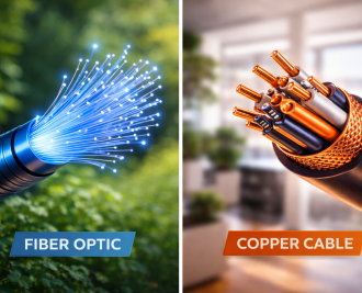 Close-up view of fiber optic cable and copper cable highlighting structural differences