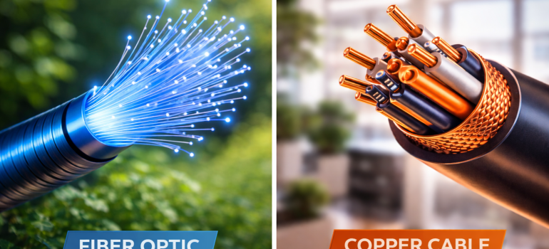 Close-up view of fiber optic cable and copper cable highlighting structural differences