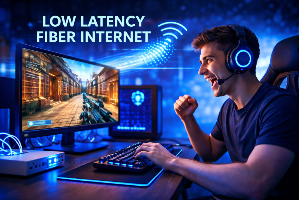 Gamer enjoying low latency fiber internet connection