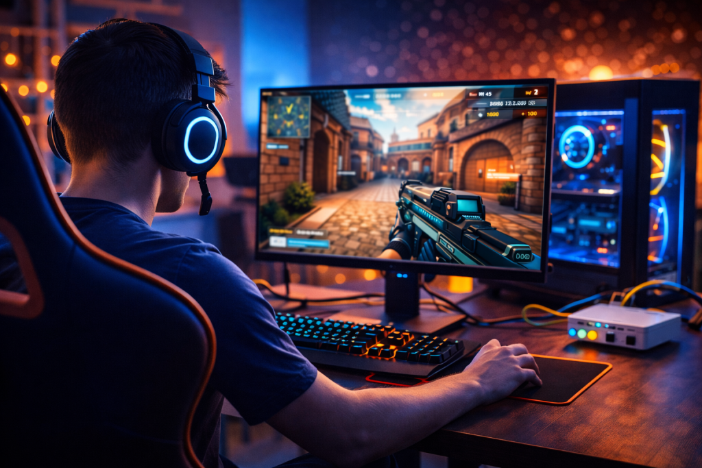 Gamer experiencing low latency with fiber internet