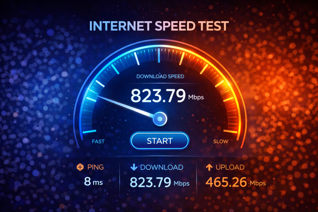 Fiber internet speed test showing high download and upload speed