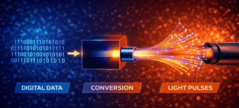 Digital data converting into light pulses through fiber optic cable technology